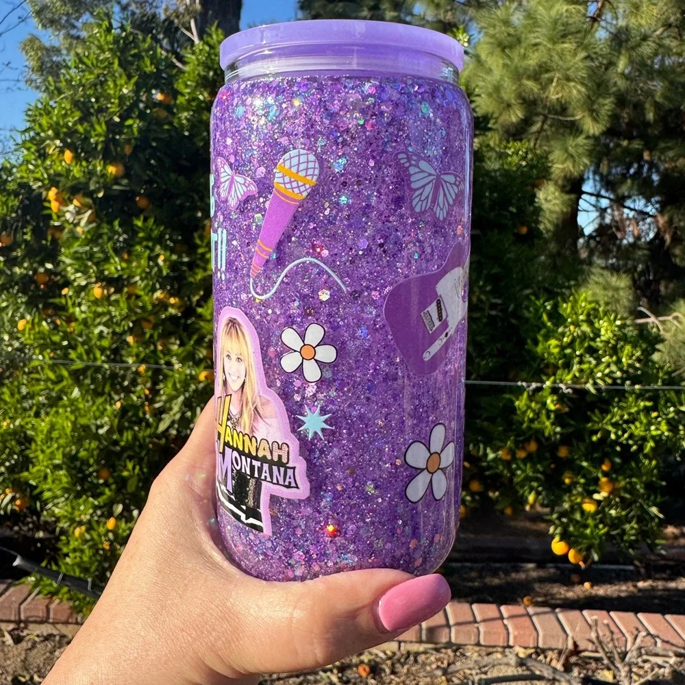 Hannah Montana snow globe glass Tumbler with decorated lid 16oz